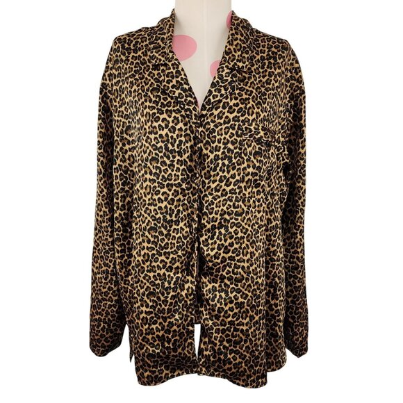 Women's Vintage Morgan Taylor Intimates Leopard Satin Button Down Pajama Top Lar - Picture 1 of 7